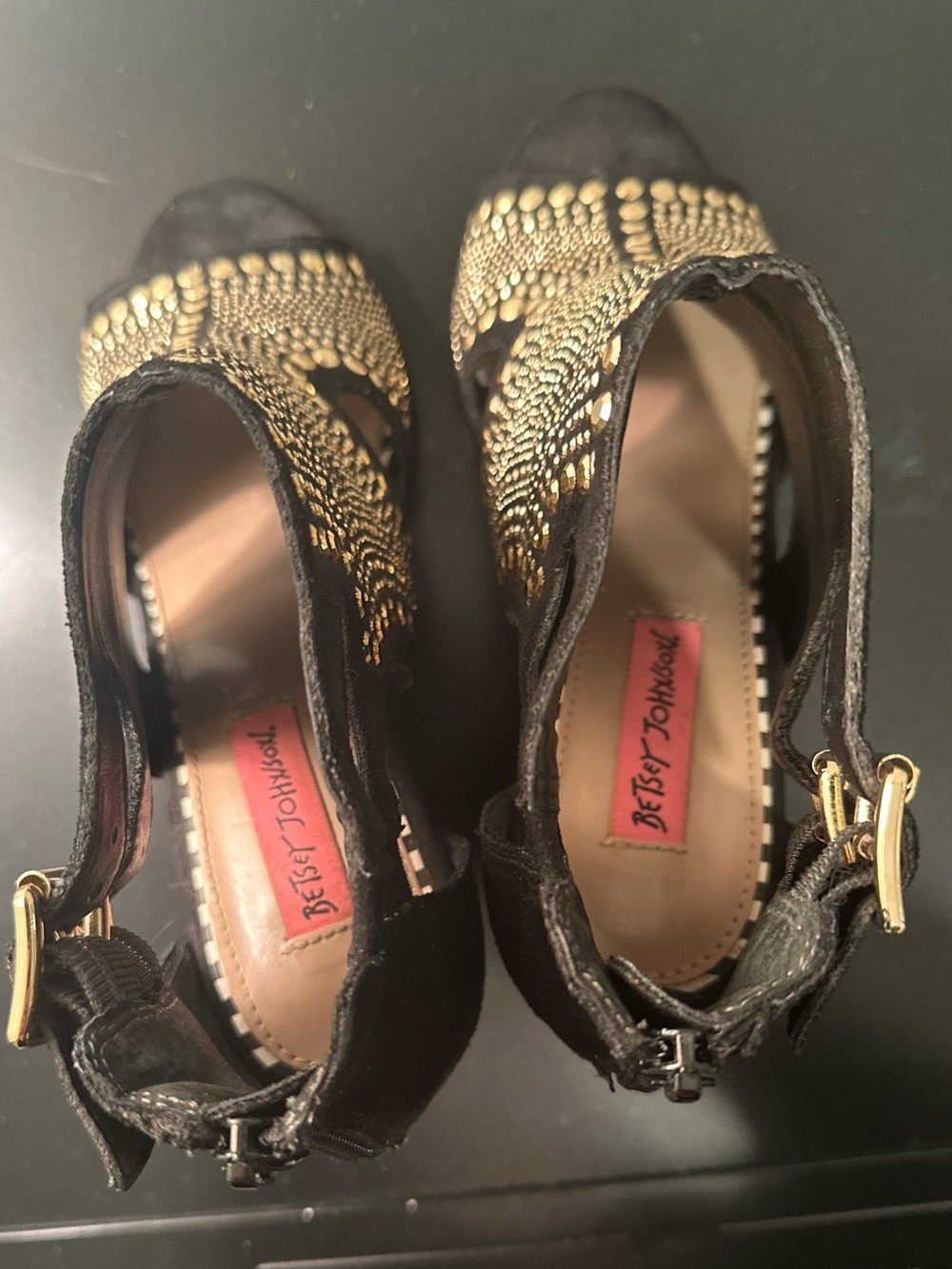 Betsey Johnson Black Suede Gold-Studded Cutout High Heels US 7 - Picture 6 of 9